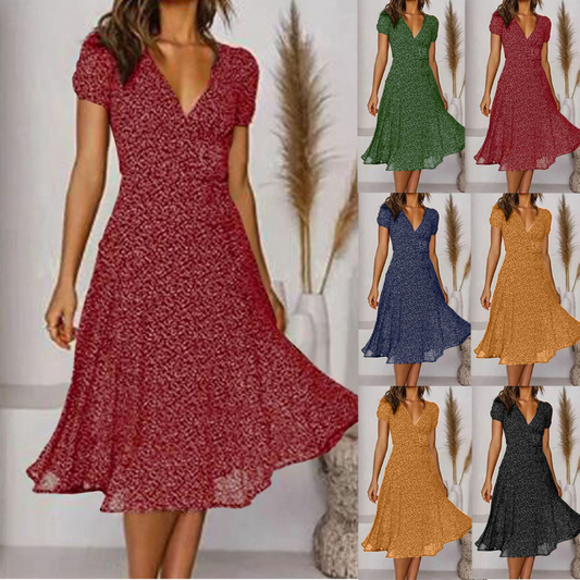 🌈💃【Sleva 50 % 🔥】👗😍 Nové dámské šaty 2025 ve větších velikostech s výstřihem do V a krátkými rukávy, květinové šaty s puntíky ve větších velikostech