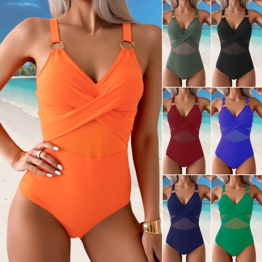 ✨👙【Sleva 50 % 🔥】【S–2XL】Jednodílné síťované plavky pro ženy plnějších tvarů, jednobarevné bikiny s ramínky a kovovými kroužky