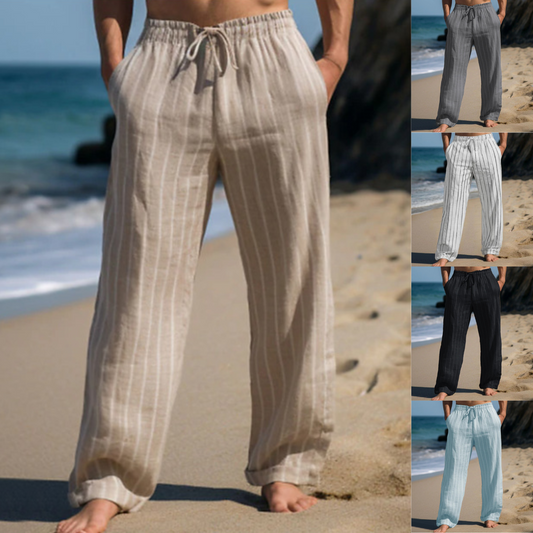 🎹👖【Sleva 50 % 🔥】【M–3XL】😍 Nové pánské lněné kalhoty s pruhy a rovným střihem, ve větších velikostech, s elastickým pasem a šňůrkou