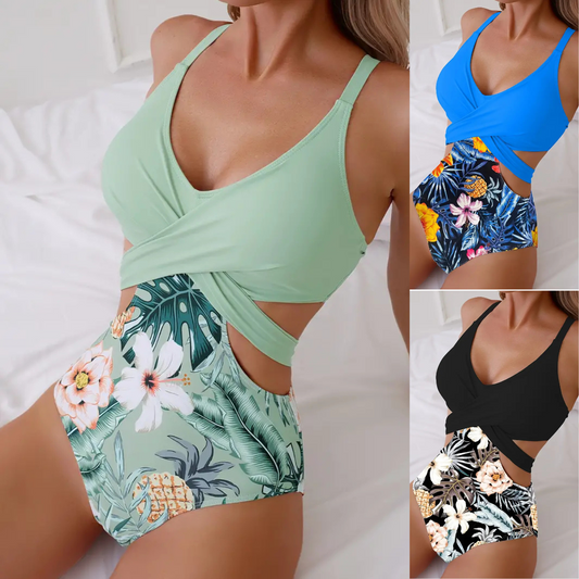 👙🌵【Sleva 50 % 🔥】【S–XL】Jednodílné elastické dámské plavky typu bikini s havajským vzorem, s výřezy a křížovým vázáním