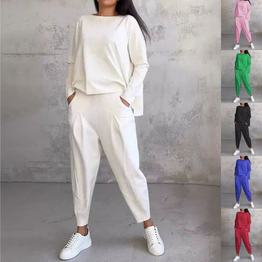 💖【Top + Kalhoty】 Módní dvoudílná souprava, jednobarevné ležérní a trendy dámské oblečení, příjemná látka z čisté bavlny