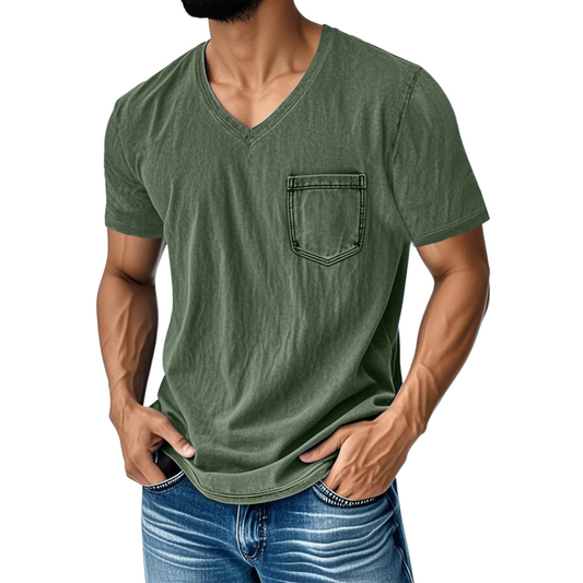 👔 50% zniżki🔥【40-120 kg】Luźny, casualowy T-shirt z jeansu z dekoltem w serek i krótkim rękawem dla mężczyzn ✅️Płatność przy odbiorze ✅️2 artykuły z 70% zniżką