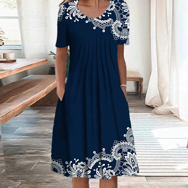 🌈👗【Kupte 1 a získejte 1 zdarma🔥】【S-5XL】🌹2025 nové velké dámské šaty s kulatým výstřihem a krátkým rukávem s potiskem, pohodlné a prodyšné