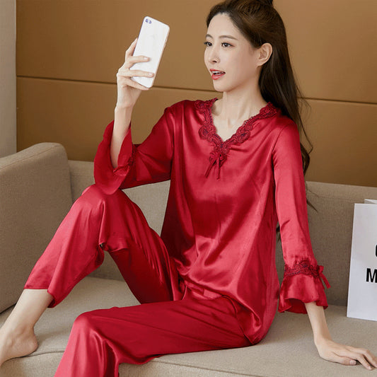 ✨【Letní sleva -50% 🔥】【S-4XL】Dvoudílné pyžamo z ledového hedvábí