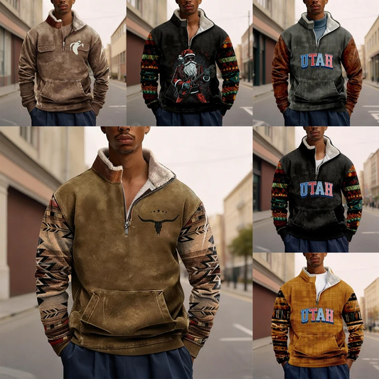 ❄🧥【S-5XL】🔥Pánská zimní fleecová mikina s dlouhým rukávem, stojáčkem a polovičním zipem s digitálním potiskem