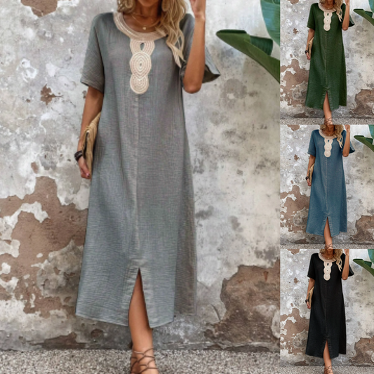 🧚♀️👗【Sleva 50 % 🔥】【S-3XL】💖Letní volné dámské šaty s kulatým výstřihem, krajkou, krátkým rukávem, z čisté bavlny a lnu, s rozparkem