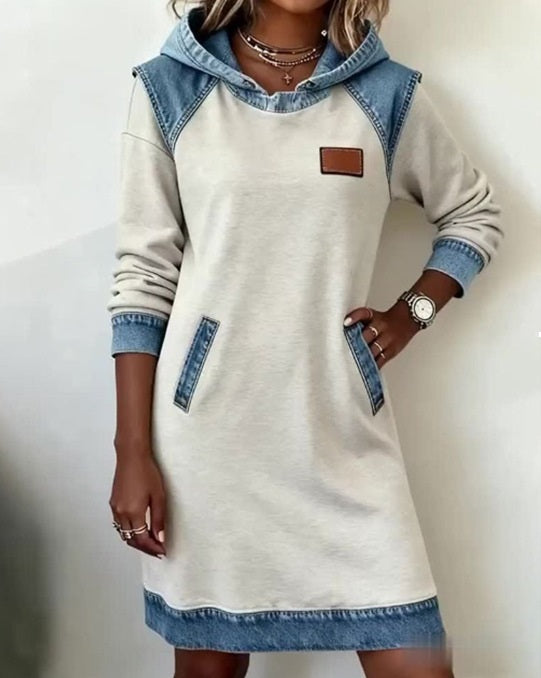 🔥【Sleva -46%】🌞Nové zimní módní džínové šaty s kapucí v patchworkovém vzoru