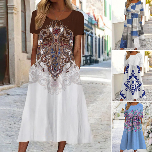 👘🌺【Sleva 50 % 🔥】【M–3XL】Nové letní dámské šaty s kulatým výstřihem a potištěným vzorem, ve větších velikostech, lehké a prodyšné