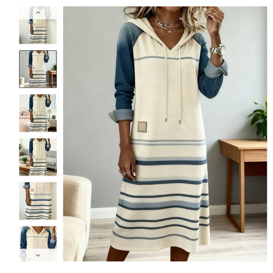 🔥💖Długa jeansowa sukienka z kapturem na Nowy Rok 2026 w kontrastowych kolorach ✅️Płatność przy odbiorze