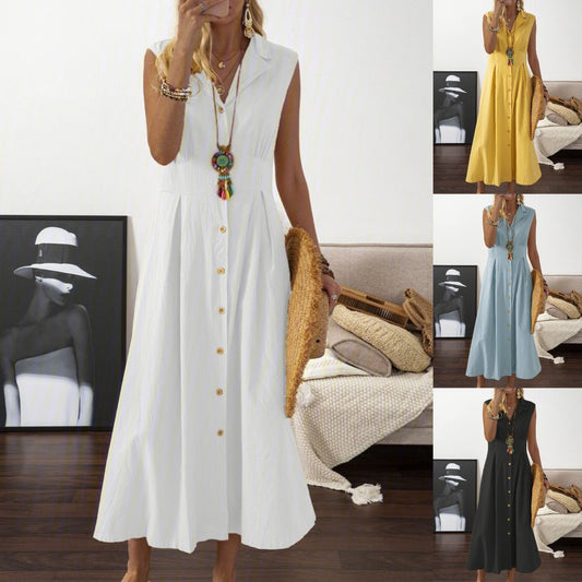 🎀💃【Sleva 50 % 💥】【S–3XL】Dámské plus size šaty z bavlny a lnu, se sakovým límcem a knoflíky, lehké a prodyšné