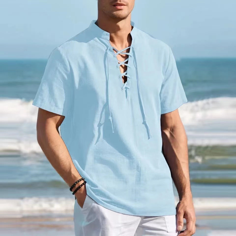 🏄♂️👔【Sleva 50 % 🔥】【S–3XL】Pánské Henley tričko z bavlny a lnu, ve větších velikostech, s výstřihem do V a dekorativní šňůrkou