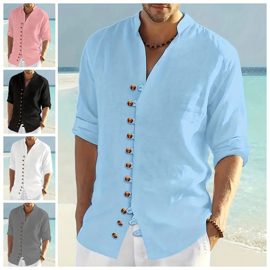 🌈🌴👔【50% sleva 🔥】【S-3XL】😍😍 Pánská letní lněná a bavlněná košile s dlouhým rukávem, ležérní a volný střih ve větších velikostech