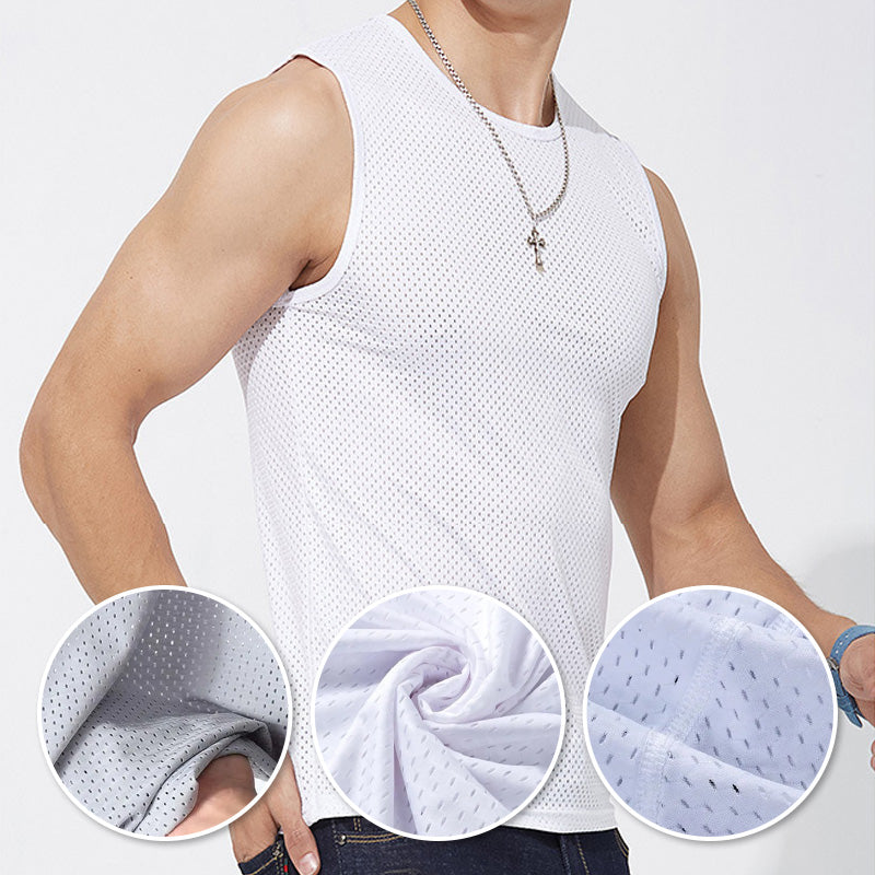 🆒💦【Kupte 1 a získejte 1 zdarma】【L–5XL】👉 Letní pánská sportovní vesta z ledového hedvábí s síťovaným vzorem, bez rukávů, lehké tričko