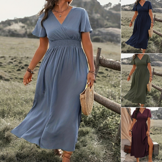 👩🌾💃【Sleva 50 % 🔥】【S–5XL】💖 Nové jednobarevné dlouhé šaty s výstřihem do V a rozparkem, ve větších velikostech, s volnými rukávy a elastickým pasem