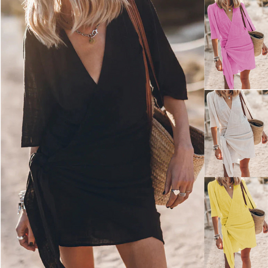 🎀👘【Sleva 50 % 🔥】【S–3XL】💖 Nové letní šaty z bavlny a lnu, volný střih, zavinovací výstřih do V, střední délka (midi)