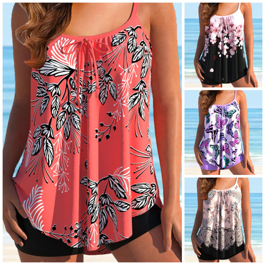 🌴 🌈【50% sleva】🌈🌴✨ Nový dvoudílný set bikin s velkým potiskem, pohodlný, prodyšný a rychleschnoucí materiál