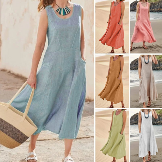 🌈👗【50% sleva 🔥】【12 barev, S-5XL】💖 Nové letní elegantní šaty bez rukávů z bavlny a tencelu s kulatým výstřihem