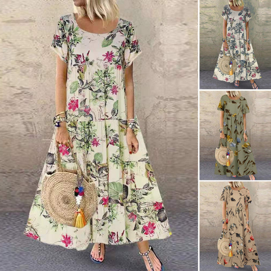 🌻【Sleva 50 % ✨】【S–5XL】👗 Dámské retro šaty s květinovým vzorem, krátkými rukávy a kulatým výstřihem, ve velkých velikostech