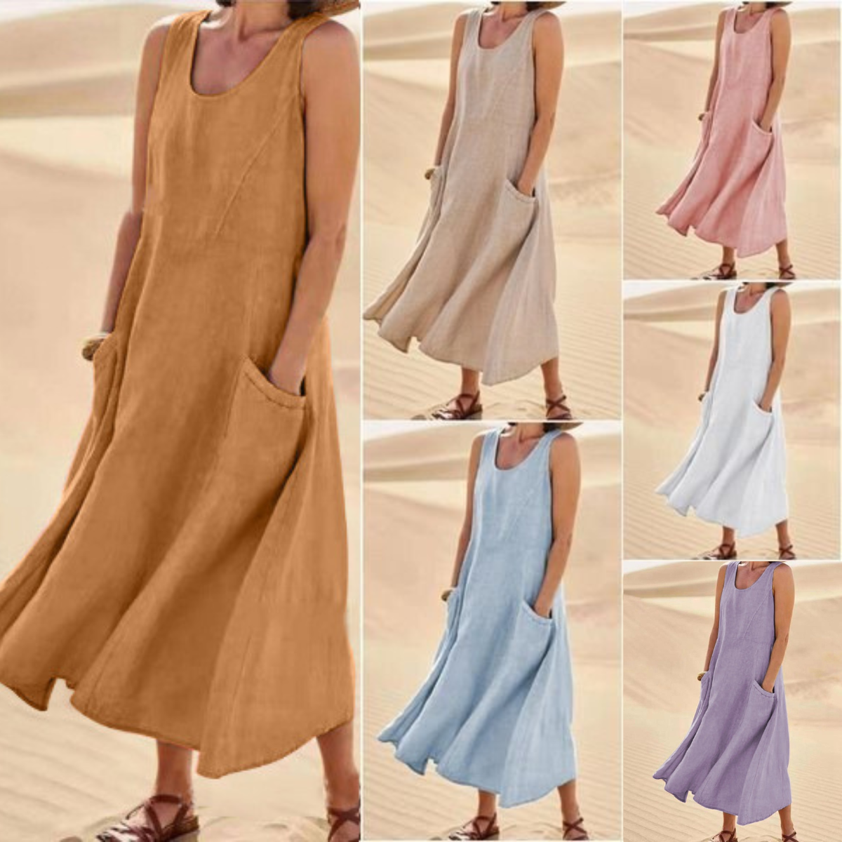 🌈👗【50% sleva 🔥】【12 barev, S-5XL】💖 Nové letní elegantní šaty bez rukávů z bavlny a tencelu s kulatým výstřihem