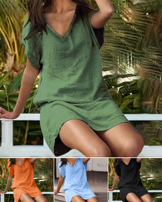 🌈😍【Sleva 50 % 🔥】【S-5XL】👗Letní nový styl dámských jednobarevných šatů z bavlny a lnu s výstřihem do V a krátkými rukávy, 9 barev