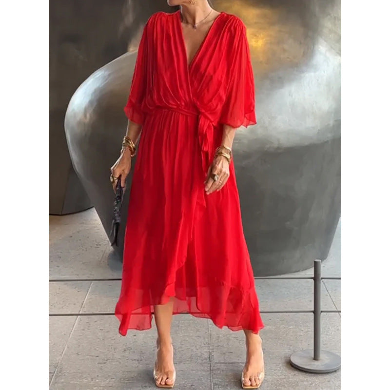 💟【S-5XL】👗 Vícebarevné krajkové šifonové šaty s netopýřími rukávy