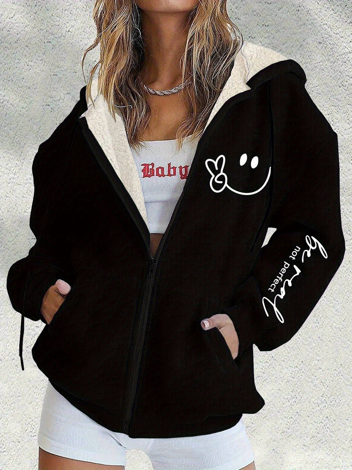 😀【S-5XL】Nová zimní dámská módní bunda s kapucí a potiskem usměvavé tváře