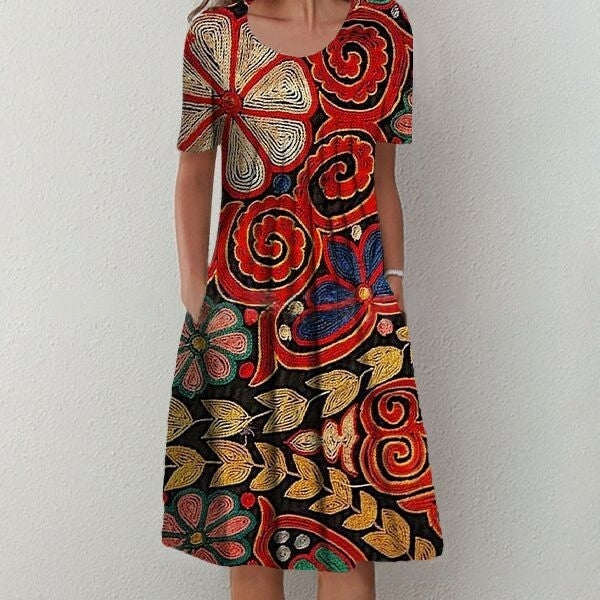🌈👗【Kupte 1 a získejte 1 zdarma🔥】【S-5XL】🌹2025 nové velké dámské šaty s kulatým výstřihem a krátkým rukávem s potiskem, pohodlné a prodyšné