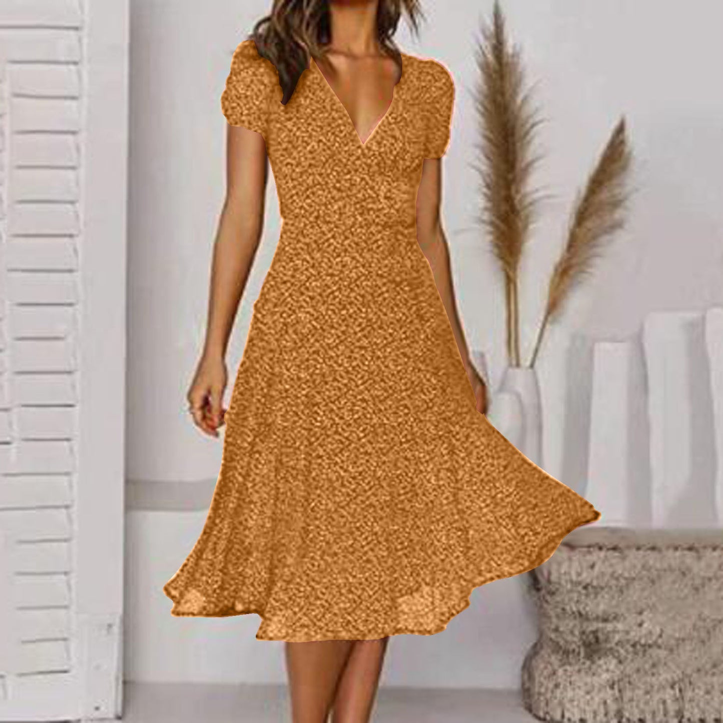 🌈💃【Sleva 50 % 🔥】👗😍 Nové dámské šaty 2025 ve větších velikostech s výstřihem do V a krátkými rukávy, květinové šaty s puntíky ve větších velikostech