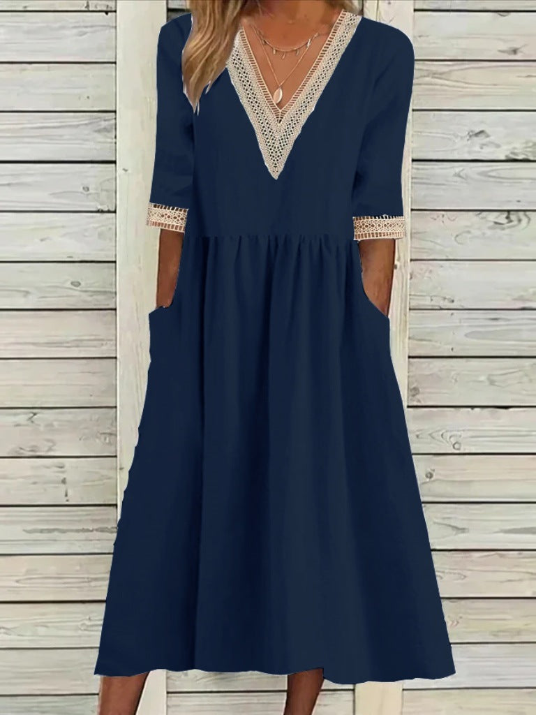 🌈👗【Sleva 50 % 🔥】【40–90 kg】👑 Ležérní dámské midi šaty z bavlny a lnu s krajkovým límečkem, ve větších velikostech