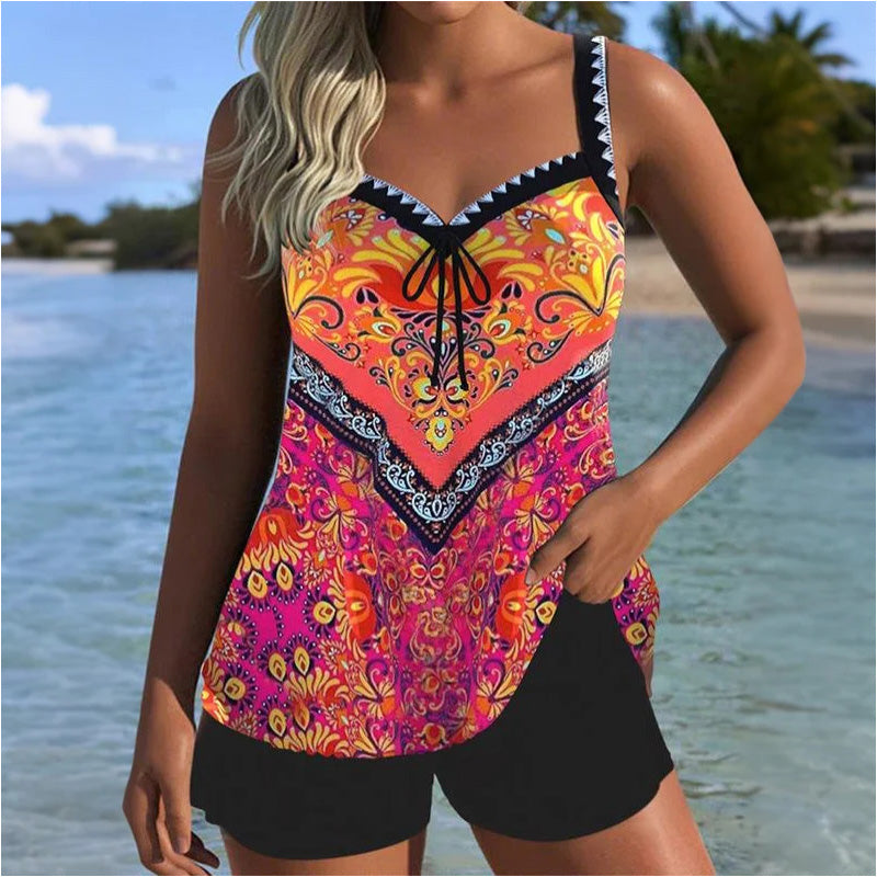 🔥【S-3XL】👙Souprava z potištěného vrchního dílu plavek a kraťasů