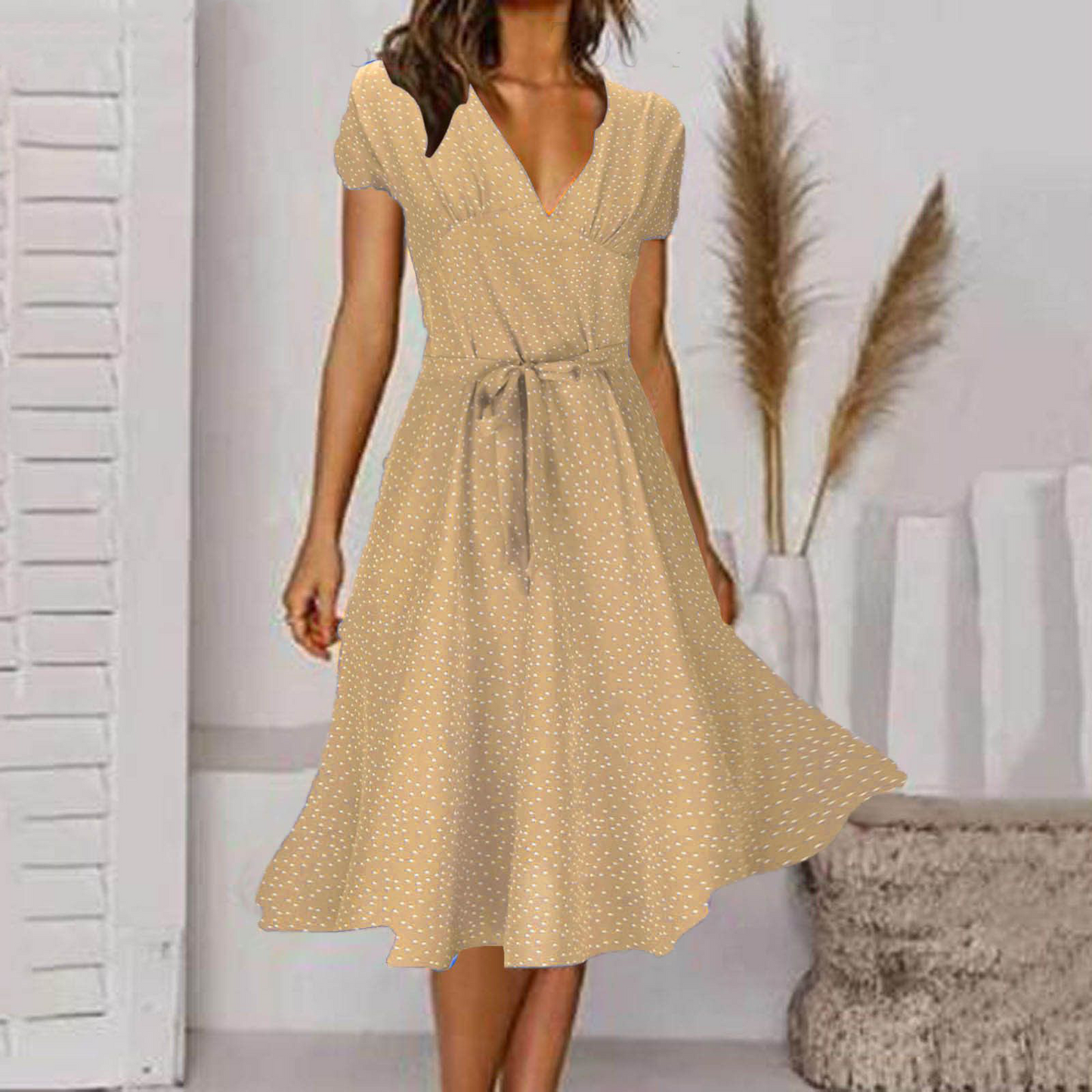 🌈💃【Sleva 50 % 🔥】👗😍 Nové dámské šaty 2025 ve větších velikostech s výstřihem do V a krátkými rukávy, květinové šaty s puntíky ve větších velikostech