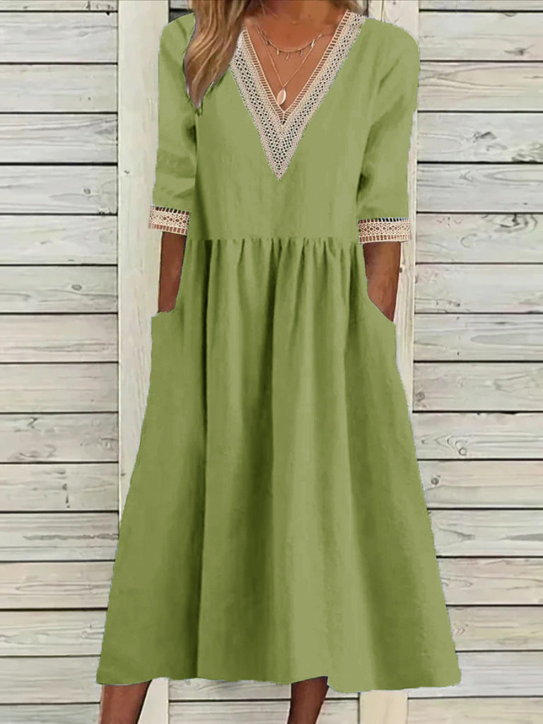 🌈👗【Sleva 50 % 🔥】【40–90 kg】👑 Ležérní dámské midi šaty z bavlny a lnu s krajkovým límečkem, ve větších velikostech