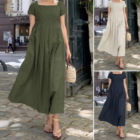 🧚♀️💖【50% sleva🔥】【S-5XL】😍Velká dámská dlouhá sukně s krátkým rukávem a čtvercovým výstřihem z bavlny a lnu, elegantní ležérní letní šaty, dlouhé šaty