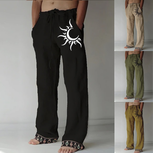 👖🌙【Reducere 50% 🔥】【S–6XL】Pantaloni bărbătești noi din bumbac și in, cu model de lună, cu crac drept și croială lejeră, mărimi mari