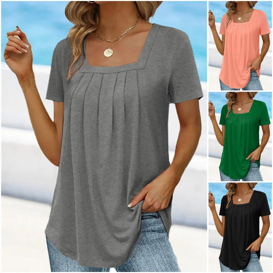 🌈👚【Kup 1, získej 1 zdarma 🔥】【S–5XL】Jednobarevné volné dámské tričko s hranatým výstřihem, ve větších velikostech, s krátkým rukávem, 8 barev