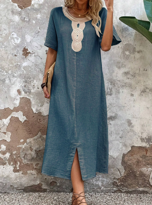 🧚♀️👗【Sleva 50 % 🔥】【S-3XL】💖Letní volné dámské šaty s kulatým výstřihem, krajkou, krátkým rukávem, z čisté bavlny a lnu, s rozparkem