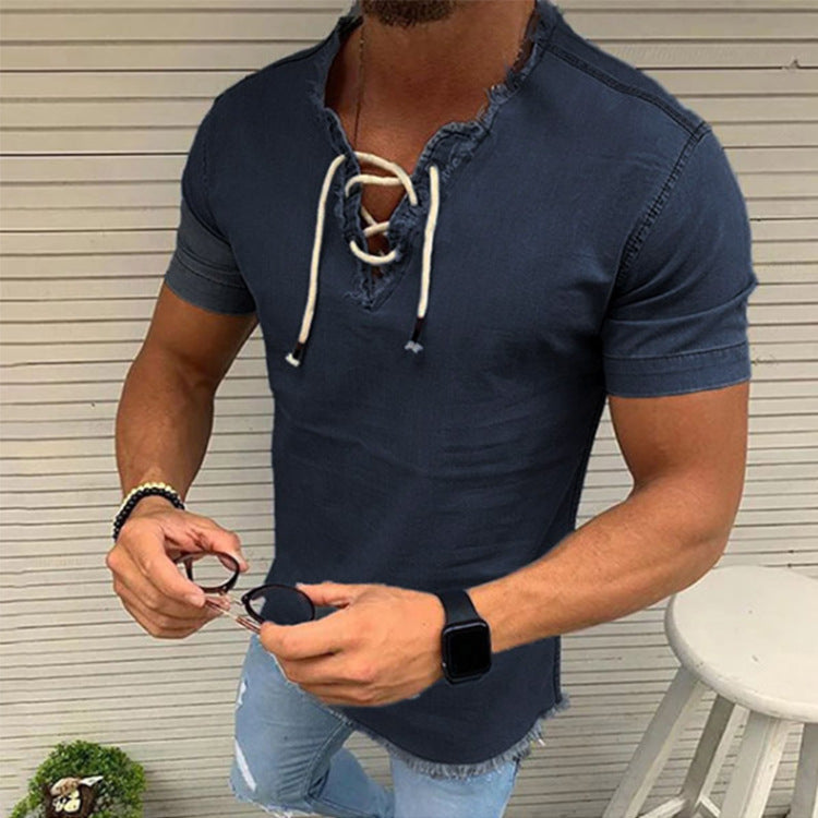 🤠【S–4XL✨】👔 Férfi rövid ujjú fűzős farmerpóló, rugalmas anyagból, nagy méretekben
