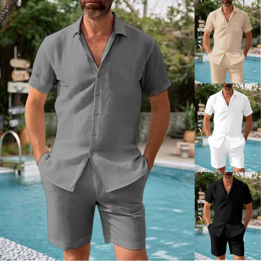 👔👖【-50 % 🔥】【S–3XL】🛒 Nová letní pánská sada ve větších velikostech – košile s krátkým rukávem + kalhoty, volný střih