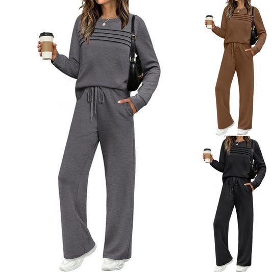 【🥇Отлична оферта】🔥【S-3XL】Дамски моден ежедневен спортен комплект, висококачествена тениска с дълъг ръкав от чист памук + панталон - E