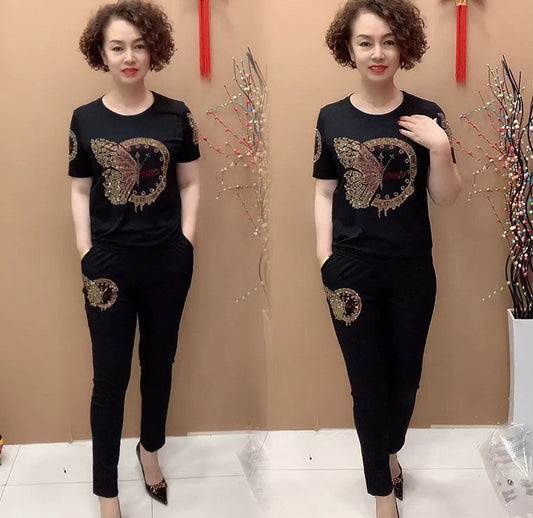 🔥🎁【M-4XL】💥 Výprodej💥 Dámský top s krátkým rukávem a kalhoty