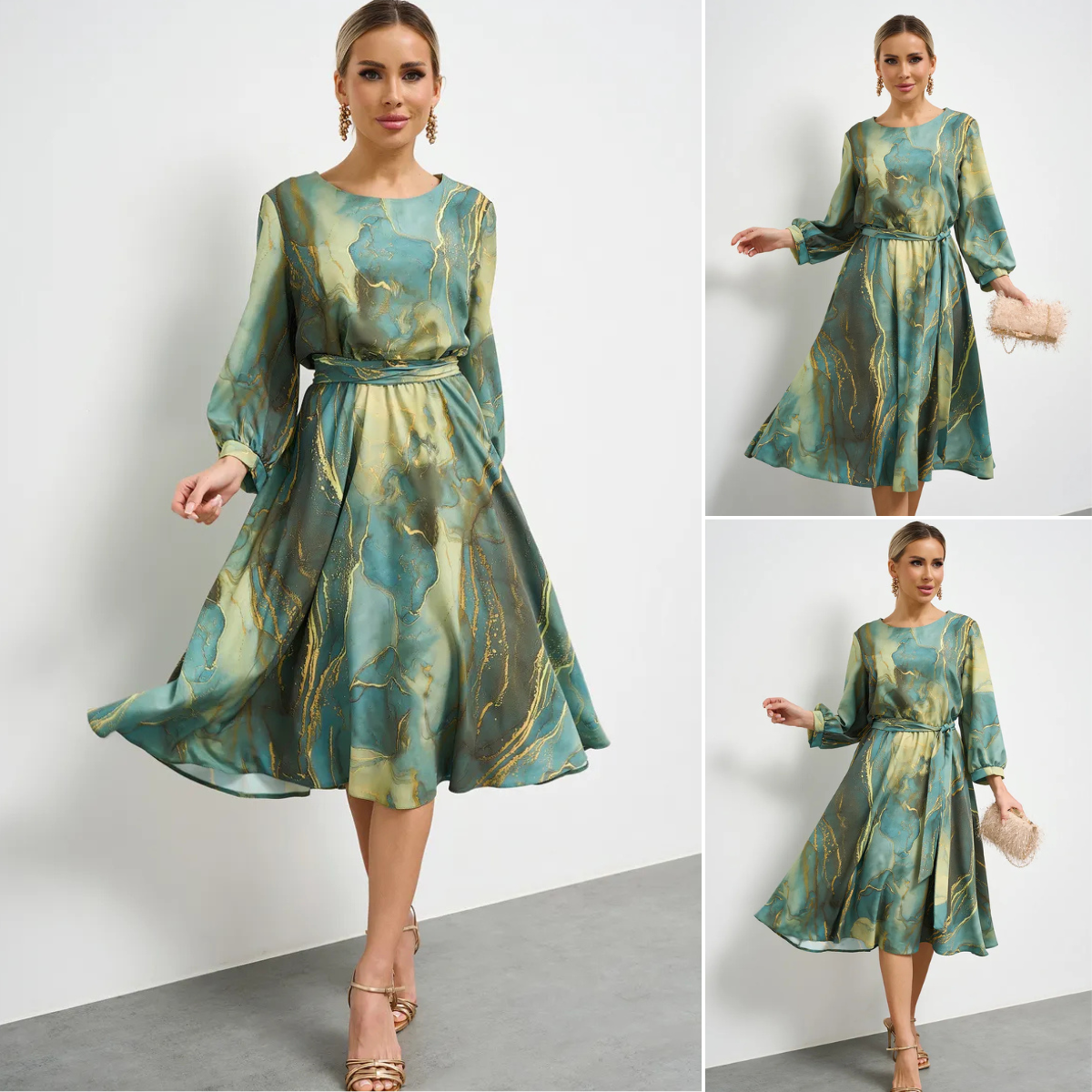 🌿Szezonvégi kiárusítás👗 Elegáns zöld ruha hosszú ujjakkal és szoknyával 🌸