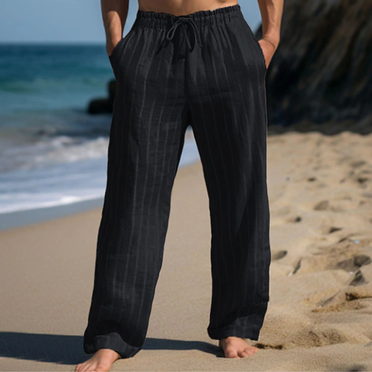 🎹👖【Sleva 50 % 🔥】【M–3XL】😍 Nové pánské lněné kalhoty s pruhy a rovným střihem, ve větších velikostech, s elastickým pasem a šňůrkou