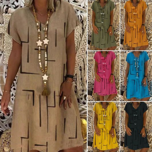 🌲😍【Vásárolj 1-et és kapj 1-et ingyen 🔥🔥】Új pamut- és lenruha V-nyakkal és mintával – Szezonvégi akció