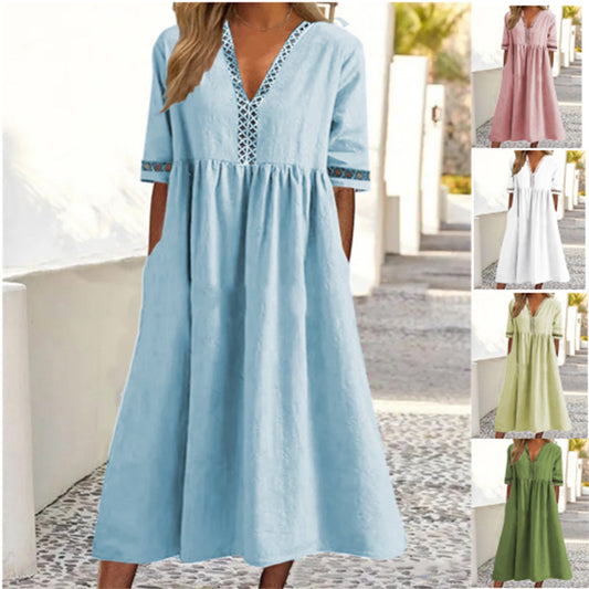 👗【– 50% kedvezmény 🔥】😍 Rövid ujjú, csipkés V-nyakú tavaszi–nyári ruha