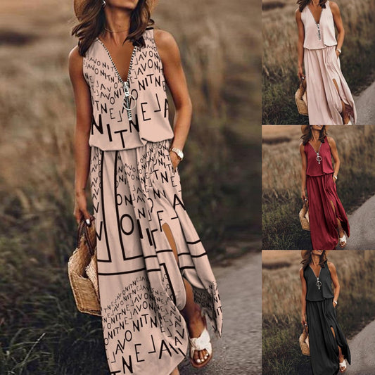 🎁💃【Sleva 50 % 💥】【S–5XL】Nové dlouhé ležérní šaty bez rukávů s potiskem, přiléhavým střihem a zipem, pro plnoštíhlé ženy