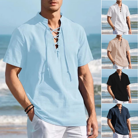 🏄♂️👔【Sleva 50 % 🔥】【S–3XL】Pánské Henley tričko z bavlny a lnu, ve větších velikostech, s výstřihem do V a dekorativní šňůrkou