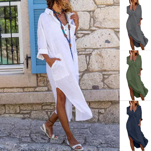 🎉💃【Letní sleva na nový produkt -50% 🔥】 🌈Dámské celobarevné košilové šaty z bavlny a lnu, dlouhé košilové šaty s rozparkem na knoflíky