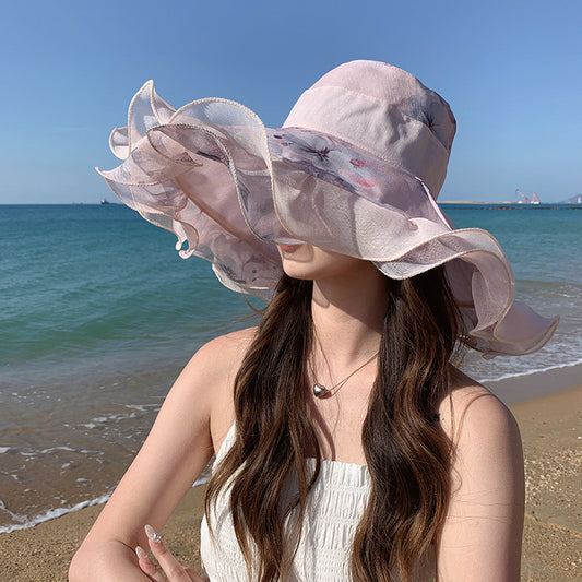 🎀【Kupte 1 a získejte 1 zdarma ✨】👒 Dámský letní plážový klobouk z bavlny a lnu s vlnitým okrajem, nositelný z obou stran