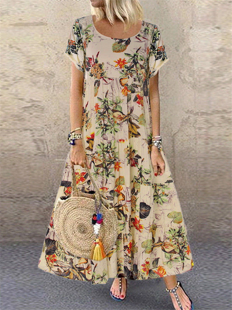 🌻【Sleva 50 % ✨】【S–5XL】👗 Dámské retro šaty s květinovým vzorem, krátkými rukávy a kulatým výstřihem, ve velkých velikostech