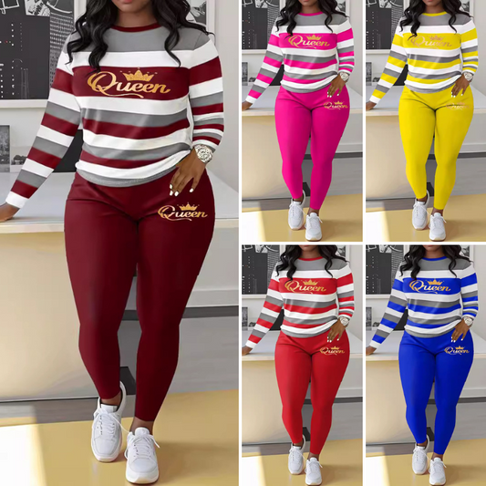 🌈😍【Podzimní nový styl 2025】Pruhovaný top s dlouhým rukávem a kalhoty - ležérní strečový dvoudílný set - 4085381
